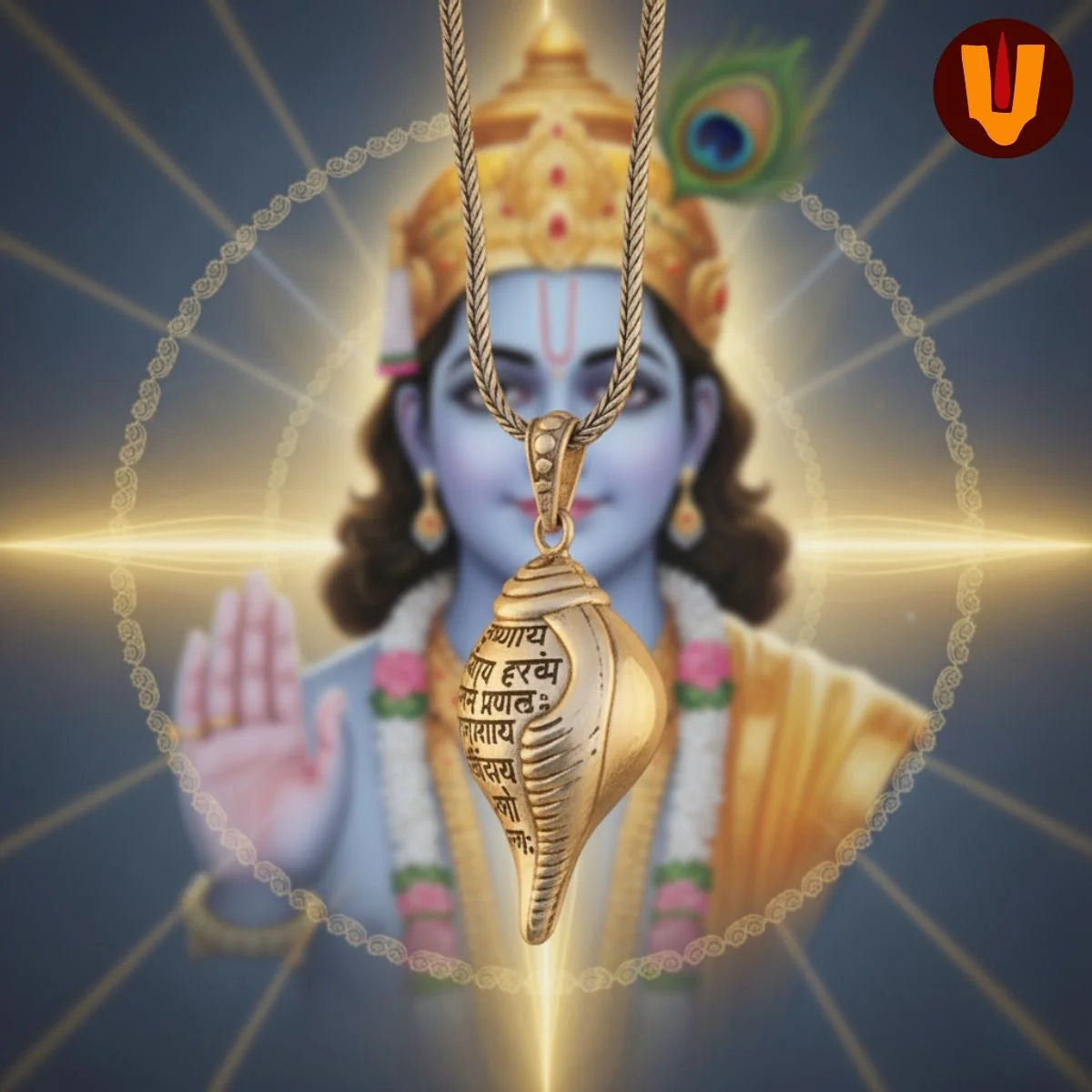 Auspicious Shri Krishna Mantra Shankh Pendant with Chain